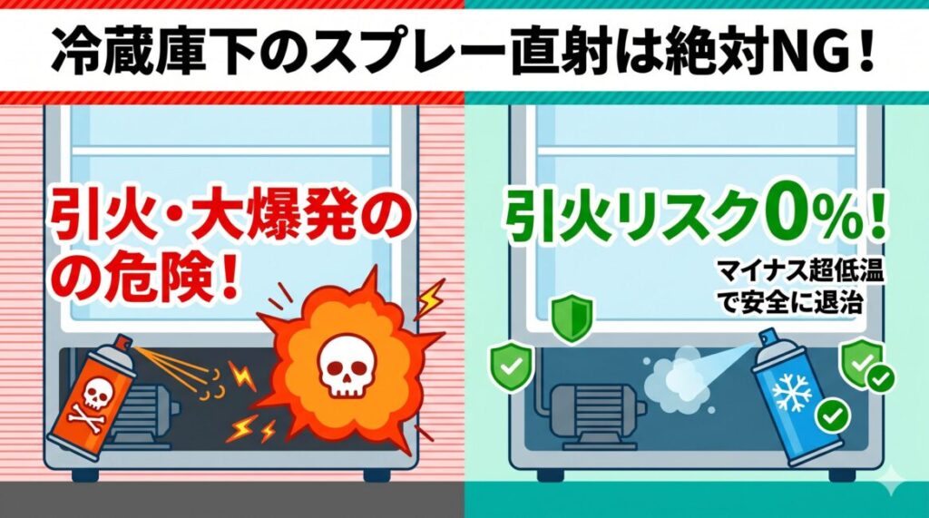 冷蔵庫の下に殺虫スプレーを噴射する危険性と引火爆発のメカニズムを解説した図解。可燃性ガスがモーターの電気火花に触れて爆発するリスクと、唯一安全な不燃性の凍結スプレーを使用する対策の比較