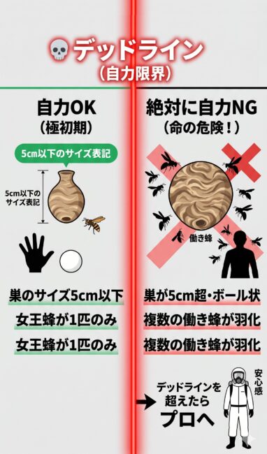 ハチの巣を自分で安全に駆除できる限界点（デッドライン）とプロに任せるべき危険な領域を、中央の境界線で左右に対比したインフォグラフィック図解。

画面左側の緑色の「自力OK」セクションでは、4〜5月の極初期段階として、巣のサイズが5cm以下（とっくりを逆さにした形状）であり、まだ働き蜂が羽化せず「中に女王蜂が1匹しかいない」安全に処理できる条件がイラストで可視化されている。

画面右側の赤と黒の「絶対に自力NG」セクションでは、運命のデッドラインを超えた危険な状態として、巣の大きさが5cmを超えて丸いボール状（マーブル柄）になり、無数の働き蜂が巣穴から激しく飛び交う絶望的な光景が描かれている。普通の衣服やカッパを貫通するハチの毒針やアナフィラキシーショックによる命の危険性を大きなバツマークと共に警告している。

最下部には、デッドラインを超えた場合は自力での突撃を避け、専門の防護服を着用したプロの業者へ安全第一で依頼すべきであることを直感的に伝える、スマホ画面に最適化されたクリーンなフラットベクトルデザイン。