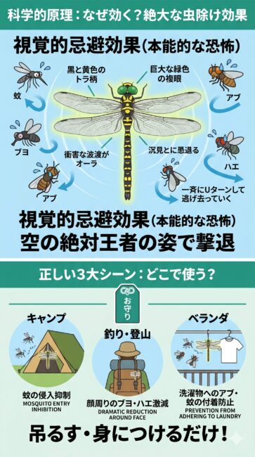 オニヤンマ君が「蚊・ブヨ・アブ・ハエ」といった不快害虫に絶大な虫除け効果を発揮する科学的原理と、アウトドアでの具体的な活用シーンを解説したインフォグラフィック図解。

画面上段の「科学的原理」では、空の絶対王者であるオニヤンマの最大の特徴「黒と黄色のトラ柄（警戒色）」と「巨大な緑色の複眼」が描かれ、それを見た蚊やブヨが本能的な恐怖を感じて一斉に逃げていく「視覚的忌避効果」の仕組みが矢印付きで可視化されている。

画面下段の「大活躍するシーン」では、薬剤を使わないエコロジーなお守りとしての正しい使い方を3つのシチュエーションで紹介。「タープやテントの入り口に吊るすキャンプ設営時」「帽子やザックにピン留めする渓流釣り・登山時」「物干し竿にぶら下げるベランダでの園芸・洗濯物干し時」のイラストがアイコン化して配置されている。

スズメバチには効かなくても、小さな不快害虫の羽音や刺されるストレスから肌を守る「本物の効果」と大活躍するシーンを、スマホ画面でも文字を詰め込まず直感的に伝えるクリーンなデザイン。