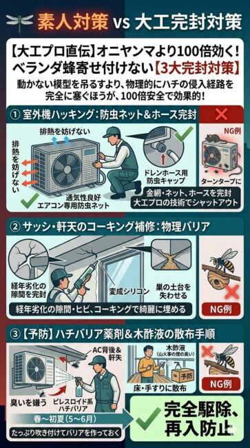 「素人対策 vs 大工完封対策」をテーマに、オニヤンマの模型を吊るすよりも物理的にハチの侵入を防ぐ「3大完封対策」を縦型カード形式で解説したインフォグラフィック図解。

画面は3つのセクションに分かれており、それぞれに対策の「OK例（プロの施工）」と「NG例」が対比されている。

1段目の「室外機ハッキング」では、排熱や通気を妨げないエアコン専用防虫ネットを室外機外周に被せ、底面のドレンホースにも専用の防虫キャップを嵌めて隙間を完封するプロの技術が描かれている。右側のNG例には、対策を怠りネズミや害虫が侵入した室外機が描かれている。

2段目の「サッシ・軒天のコーキング補修」では、経年劣化でできた微細な壁面や軒天の隙間・ヒビ割れを、変成シリコンのコーキング材で綺麗に埋めることで、ハチが巣の土台を固定する場所を物理的に奪うバリア工法が描かれている。右側のNG例には、隙間に作られたハチの巣が描かれている。

3段目の「ハチバリア薬剤＆木酢液の散布手順」では、春から初夏（5〜6月）の女王蜂の時期に、室外機裏や軒天にピレスロイド系のハチバリアスプレーをたっぷり吹き付ける手順と、床や手すりに木酢液（山火事の煙の臭い）を散布してハチを遠ざける予防策が描かれている。

最終的に、これら3つの大工完封工法を実践することで「完全駆除・再入防止」を達成し、ベランダへのスズメバチの巨大巣作りやエアコンの全損故障、刺傷事故を未然に防ぐ構造がひと目で理解できる構成。