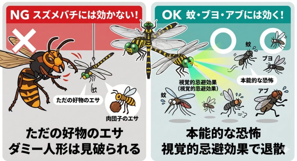 虫除けグッズ「オニヤンマ君」がスズメバチに効くのかという疑問に対し、生物学的な効果の限界と真実を左右の○×で対比したインフォグラフィック図解。

画面は左右に分かれており、左側の赤い「スズメバチには効かない！」セクションでは、獰猛なスズメバチにとってオニヤンマは天敵ではなく「ただの好物のエサ」であり、無臭で動かないプラスチック製の模型はすぐに見破られて攻撃本能を抑え込めない現実が大きなバツマークと共に描かれている。

右側の緑色の「蚊・ブヨ・アブには効く！」セクションでは、オニヤンマが空の絶対王者であるため、特徴的な白黒のトラ柄や巨大な緑の複眼を見るだけで不快害虫が本能的な恐怖を感じて逃げていく「視覚的忌避効果」の科学的原理が大きなマルマークと共に描かれている。

オニヤンマ君を過信せず、アウトドアでの正しい使い分けやベランダのハチの巣放置リスクを防ぐための知識を、スマホ画面でも文字を詰め込まず直感的に伝えるクリーンなデザイン。