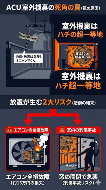 オニヤンマ君を過信してベランダを放置した結果、エアコン室外機裏にスズメバチの巨大な巣が作られてしまう原因と、それにより引き起こされる「2大リスク」を解説したインフォグラフィック図解。

画面上段では、ベランダに吊るされたオニヤンマ君の模型を完全に無視し、天敵のカラスや雨風から隠れられる極上シェルターである「エアコン室外機の裏側や底面の暗い隙間」にスズメバチが侵入し、直径30cm以上の巨大な巣を爆発的に増殖させていく構造的な死角の罠が描かれている。

画面下段では、放置が招く「2大リスク」として、室外機内部のファンにハチの巣が巻き込まれて基盤がショートし、約15万円の丸ごと買い換え費用が発生する「エアコン全損故障」のリスクと、サッシや窓を開けた瞬間に大量のハチが室内へ一気に侵入して家族が刺される「刺傷事故・救急搬送」の危険性が、赤の警告トーンと矢印付きで可視化されている。

模型の虫除け効果を過信してチェックを怠ることの危険性と、大工プロの視点に基づく住宅・人身事故の末路を、スマホ画面でも文字を詰め込まず直感的に伝えるクリーンなデザイン。