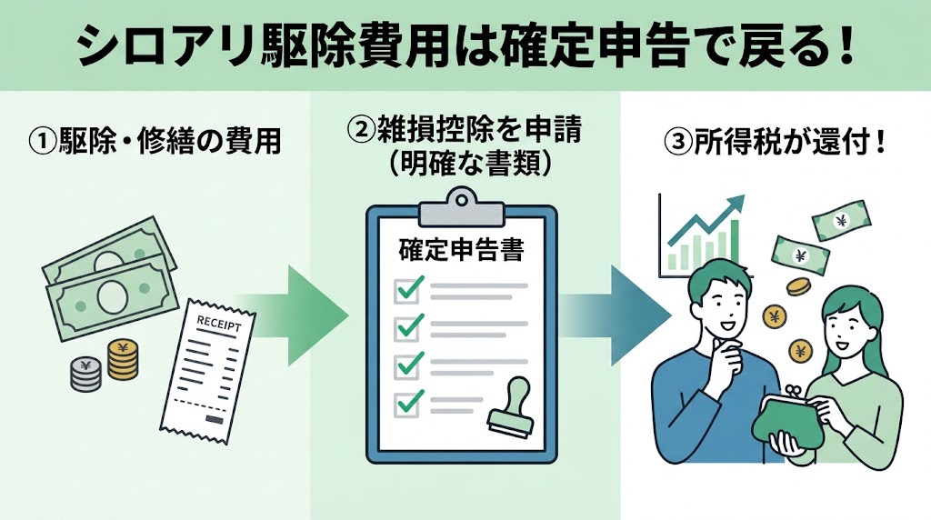 シロアリ駆除や修繕の費用が、確定申告の「雑損控除」を利用することで所得税から還付される仕組みを、必要書類の準備からお金が戻るまでの流れで表現したスマホ対応の分かりやすい図解イラスト