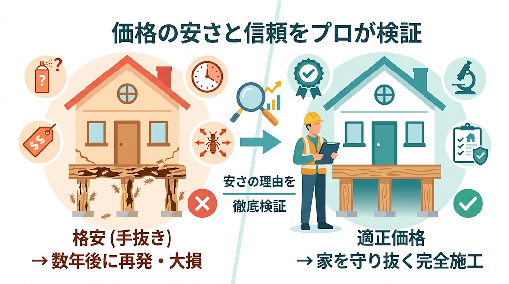 シロアリ駆除の格安手抜き工事による再発リスクと、適正価格で家を守るプロの完全施工の違いを比較・検証した、スマートフォンの画面でも見やすいシンプルな図解イラスト