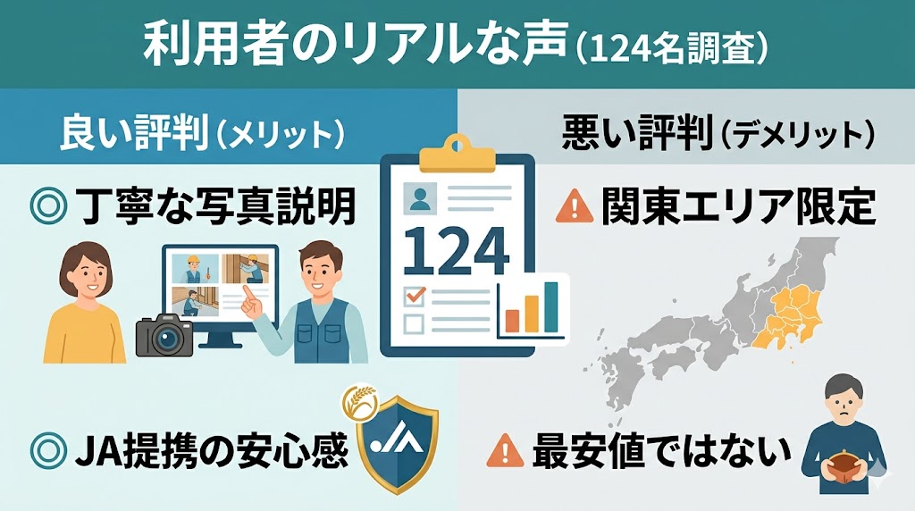 124名への独自アンケートに基づく害虫駆除業者の口コミ評判の図解。丁寧な写真説明やJA提携の安心感といった良い点と、関東限定の対応エリアや最安値ではないという悪い点を左右で対比した、スマホ対応のシンプルなイラスト