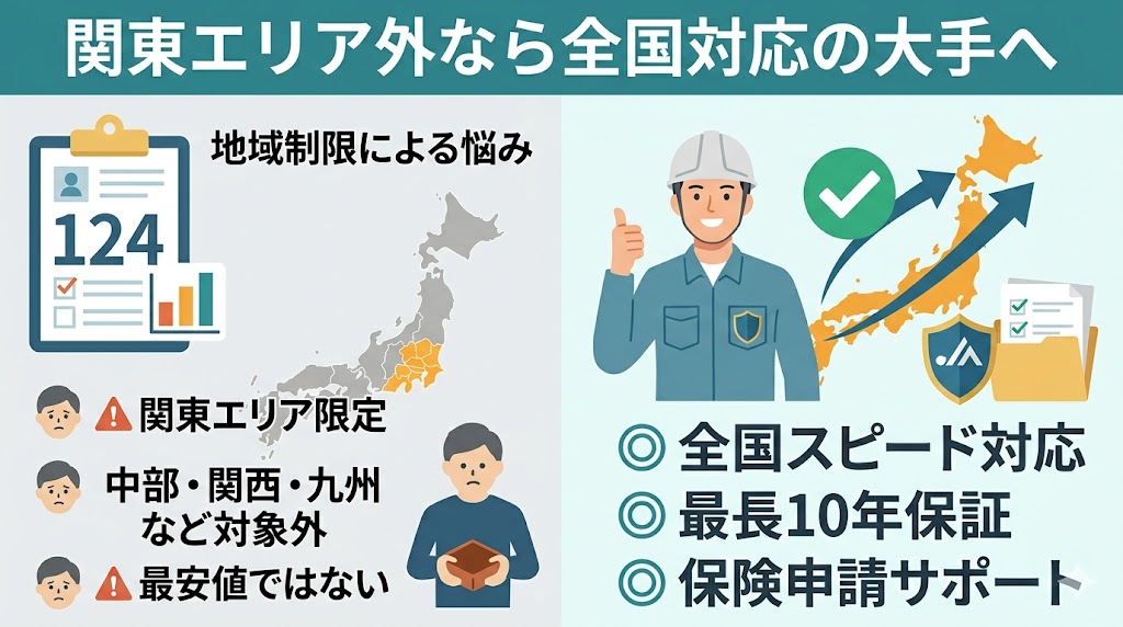 関東エリア外（中部・関西・九州など）に住む人に向けた代替案として、全国対応・最長10年保証・火災保険申請サポートなどの手厚い体制を持つ大手競合の強みをわかりやすく表現したスマホ対応の図解イラスト