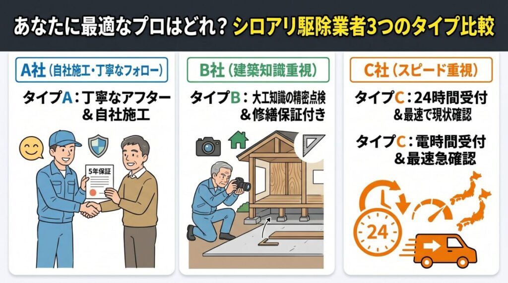 自分に合ったシロアリ駆除業者の選び方を3つのタイプ別で徹底比較した図解イラスト。1つ目は完全自社施工と丁寧な事前説明・アフターフォローを重視するタイプ、2つ目は大工知識を併せ持ち床下の精密点検や万が一の建物修繕保証まで求めるタイプ、3つ目は24時間365日受付でとにかく急ぎで床下の現状確認をしたいスピード重視のタイプについて、それぞれの特徴とおすすめな人を視覚的に分かりやすく説明しています。