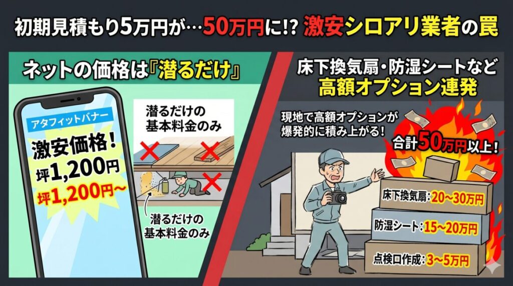 ネットの激安シロアリ業者による悪質な追加料金の手口を解説した図解イラスト。左側は「坪1,200円〜」といった破壊的な激安広告が「ただ床下に潜るだけ」の基本料金に過ぎない罠であることを示し、右側は現地調査後に「床下換気扇(20〜30万円)」「防湿シート(15〜20万円)」「床下点検口新規作成(3〜5万円)」などの高額なオプションを強引に次々と積み上げられ、最終的に50万円を超える高額請求に跳ね上がる手口を視覚的に説明しています。