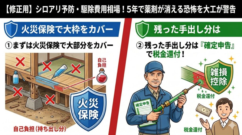 火災保険で下りなかったシロアリ・害獣の修繕自己負担分を、確定申告の「雑損控除」で回収する二段構えの仕組みを解説した図解イラスト。1手目として修繕費の大部分を火災保険でカバーし、そこからどうしてもこぼれてしまう一部の自己負担金（手出し分）に対して、2手目として翌年に確定申告（雑損控除）を行うことで、所得税や住民税の大幅な減税・現金還付を受けて実質的な手出しを徹底的に相殺するスキームを視覚的に説明しています。