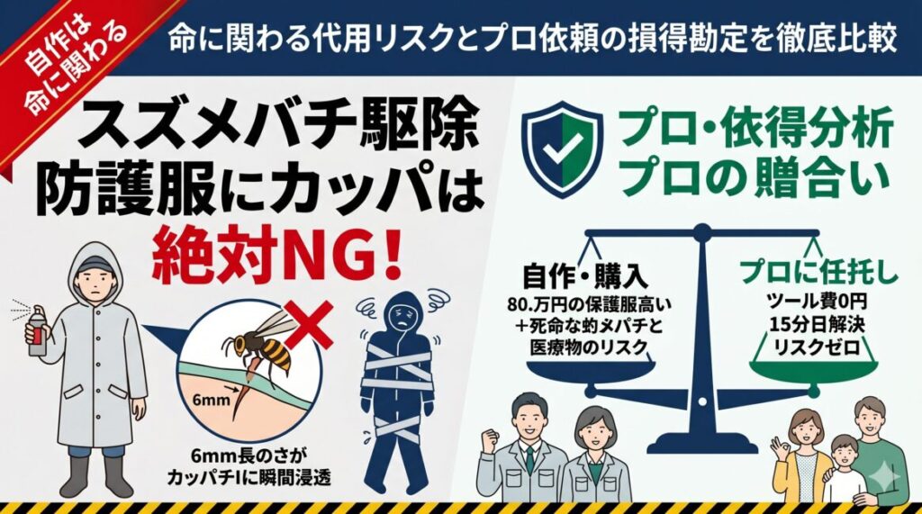 【修正用】【自作は命に関わる】スズメバチ駆除の防護服にカッパはNG！代用リスクと役所貸出・プロ依頼の損得計算