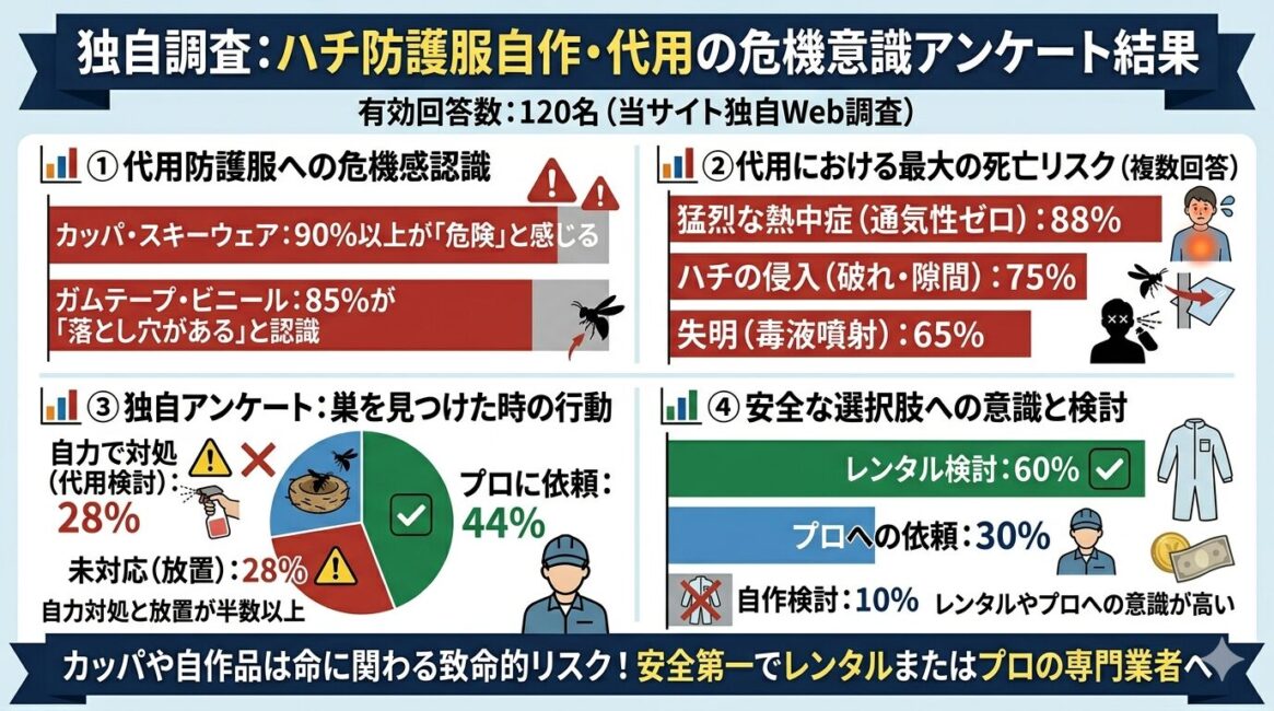 スズメバチ駆除で防護服を自作・代用する致命的なリスクをまとめた図解インフォグラフィック。カッパやスキーウェア、デニムをハチの鋭い針が容易に貫通する物理的リスク(ハチが生地に噛みついて固定し刺してくる現実)を解説。さらにビニール袋やガムテープによる自作品は通気性ゼロによる猛烈な熱中症リスク、視界や可動性の悪化、破れによるハチの侵入を招く罠を警告。一時的な節約のために命を犠牲にせず、レンタル防護服の利用やプロへの依頼を推奨するスマホ向けイラスト。