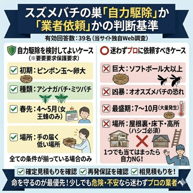 スズメバチの巣を自力駆除できる条件とプロの業者に依頼すべき危険な条件を比較した図解インフォグラフィック。左側にはピンポン玉大の初期の巣、4〜5月の春先、アシナガバチやミツバチ、低い場所といった自力駆除が検討可能な4条件を提示。右側にはソフトボール大以上の大きな巣、7〜10月の夏秋の最盛期、オオスズメバチの可能性、屋根裏や床下の閉鎖空間、ハシゴが必要な高所など、1つでも該当すれば防護服があっても即業者依頼となる危険な条件を解説。相見積もりなど業者選びのポイントも記載したスマホ向けイラスト。