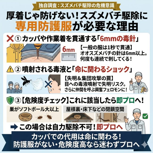 スズメバチ駆除に専用の防護服が必須である理由と自力駆除の危険度チェックをまとめた図解インフォグラフィック。カッパや作業着を1秒で貫通するオオスズメバチの6mm以上の毒針の脅威、空中から噴射される毒液による失明リスクと集団攻撃の引き金(興奮フェロモン)となる危険性、さらに命に関わるアナフィラキシーショックのリスクを解説。また、巣の大きさがソフトボール以上、または屋根裏や床下などの閉鎖空間にある場合は自力駆除対象外とする判定基準をスマホ向けに文字量を抑えて視覚化したイラスト。