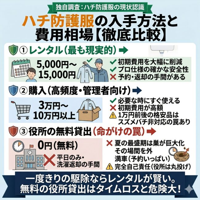 スズメバチ駆除用防護服の入手方法3ルートと費用相場を比較した図解インフォグラフィック。1つ目は費用5,000円から15,000円でプロ仕様が借りられる最も現実的な『レンタル』、2つ目は3万円から10万円で初期費用は高いが即座に使える『購入(格安品の罠への注意喚起含む)』、3つ目は費用0円だが平日手続きのみのタイムロスや最盛期の予約殺到、完全自己責任という命の危険が潜む『役所の無料貸出』の3つを比較。スマホ向けに文字量を抑えて視覚化したイラスト。