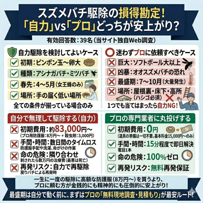 スズメバチ駆除を自力で行う場合とプロに依頼する場合のトータルコストとリスクを比較した損得勘定の図解インフォグラフィック。左側の自力駆除では、プロ用防護服と殺虫剤で約83,000円からの初期費用、数日間の手間とタイムロス、刺された場合の数万円の治療費や命の危険、再発時の再駆除負担を提示。右側のプロ依頼では、道具代0円(基本料金のみ)、電話1本15分で即日解決、命の危険ゼロ、数ヶ月の無料再発保証あり、というメリットを対比。防護服の自前購入や命がけのリスクを背負うよりプロ依頼が圧倒的に高コスパであることをスマホ向けに視覚化したイラスト。