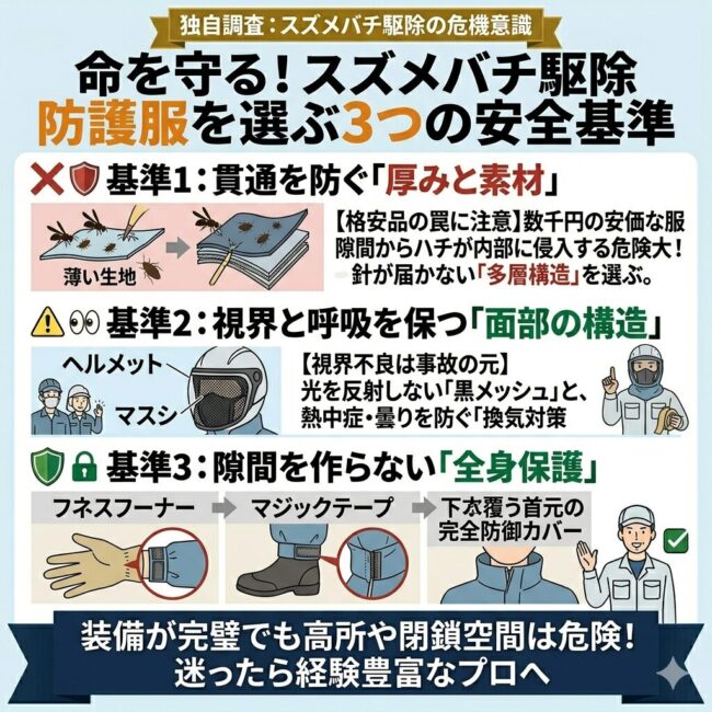 スズメバチ駆除用防護服の安全な選び方3つの重要基準をまとめた図解インフォグラフィック。1つ目は『貫通を防ぐ厚みと素材』として格安防護服の隙間からハチが内部に侵入する密閉パニックの罠と、プロ仕様の多層構造・空気の層の重要性を比較。2つ目は『面部の構造』として視界をクリアに保つ黒メッシュやヘルメット、曇り止め換気ファンの必要性を解説。3つ目は『隙間を作らない全身保護』として袖口・足首の二重構造や首元の完全防御カバーのチェックポイントを、スマホ向けに文字量を抑えて視覚化したイラスト。