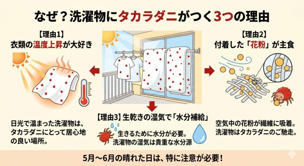 洗濯物にタカラダニがつく理由を3つのポイントで解説した図解イラスト。
1.衣類の温度上昇、2.付着した花粉、3.生乾きの湿気、という3つの理由を、イラストと簡潔なテキストで示している。
ベランダに干された洗濯物に、タカラダニが群がっている様子が描かれている。