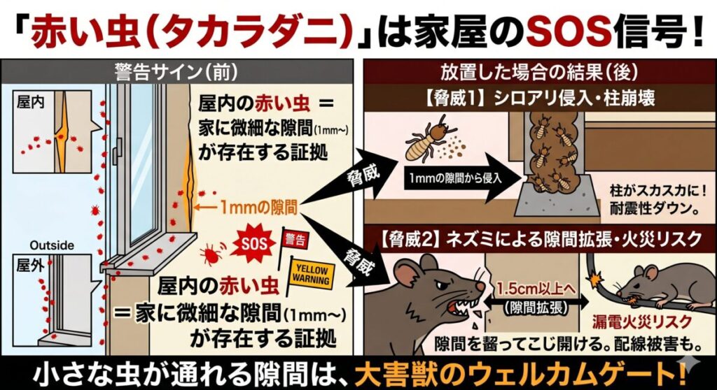 タカラダニの室内侵入が引き起こす家屋の危機を解説した図解イラスト。左側には、家の壁の断面と窓サッシが描かれており、外壁から1mmの微細な隙間を通って赤い小さな虫(タカラダニ)が室内に侵入している様子と、「室内の赤い虫は、家に1mm以上の隙間が存在するSOSサイン」という解説テキストがあります。右側には、その隙間を放置した際のリスクが2つ描かれています。上段の「脅威1:シロアリ」では、隙間から侵入したシロアリが柱の内部を食い荒らすイラスト、下段の「脅威2:ネズミ」では、ネズミが1mmの隙間を齧って広げ、壁の中の配線をかじるイラストが配置されています。全体を通して、小さな虫が通れる隙間が大型害獣・害虫の侵入経路になる危険性を警告しています。