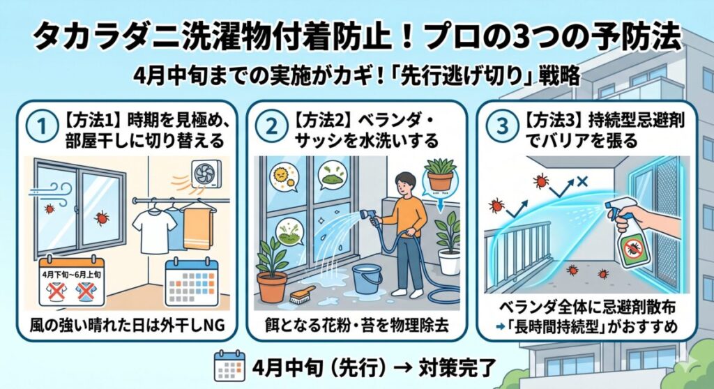 「タカラダニ(赤ダニ)の洗濯物への付着を防ぐプロの3つの予防法」と題されたインフォグラフィック画像。4月中旬までの実施が重要と説明されています。
3つのステップは以下の通りです。
部屋干しへの切り替え: 4月下旬〜6月上旬の風の強い晴れた日は外干しを避け、浴室乾燥機などで部屋干しする様子。
水洗い掃除: ベランダの床、手すり、サッシを水洗いし、餌となる花粉や苔を物理的に除去する様子。
忌避剤でバリア: ベランダ全体に長時間持続型の忌避剤スプレーを散布し、バリアを張ってダニを寄せ付けない様子。
各ステップには、簡潔な見出しと効果的なイラストが添えられています。