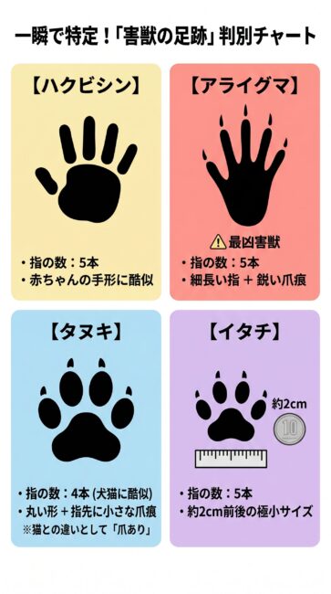 庭やベランダに残された野生害獣の足跡を一瞬で特定するための判別チャート図解。画面が4つに分かれており、左上は5本指で赤ちゃんの手形に似たハクビシン、右上は5本指で細長く深い爪痕があるアライグマ、左下は4本指で丸っこく指先に小さな爪の点があるタヌキ(爪のない猫との違いを明記)、右下は5本指でサイズが約2cm前後と圧倒的に小さいイタチの足跡。指の数や爪の有無、サイズ感といった決定的な判別基準をシンプルなイラストで対比して解説したインフォグラフィック。