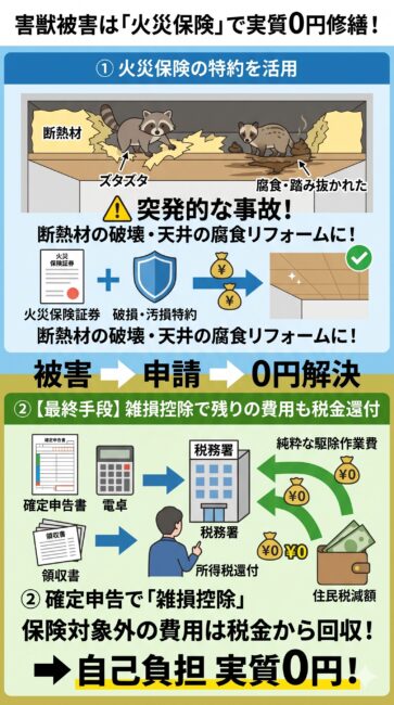 アライグマやハクビシンに破壊された天井裏を、火災保険と雑損控除を組み合わせて実質0円で修繕する仕組みの図解。上部には「①火災保険の活用」として、害獣にボロボロにされた断熱材の交換や糞尿の天井板汚損を破損・汚損特約(不測かつ突発的な事故)で申請し、リフォーム費用をカバーするルートを描写。下部には「②確定申告の雑損控除の活用」として、保険でカバーしきれなかった駆除費用などの自己負担分を、災害に準ずる損失として申告し、所得税の還付や住民税の減額で回収する二段構えの資産防衛術を解説したイラスト。
