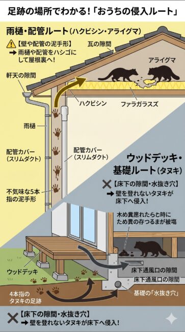 家に残された獣の足跡から弱点となる侵入経路を特定する大工プロ監修の構造図解。左側は「ハクビシン・アライグマの屋根裏侵入ルート」として、雨樋の縦樋やエアコン配管カバーに残された5本指の泥手形をサインに、軒天の剥がれや瓦の隙間から天井裏へよじ登る様子を描写。右側は「タヌキの床下侵入ルート」として、壁を登れないタヌキが庭の地面に4本指の足跡を残し、ウッドデッキの下や基礎コンクリートの塞ぎ忘れた水抜き穴、破損した床下通風口から床下へ潜り込む構造を対比して解説したイラスト。