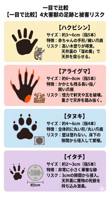 家のまわりや天井裏に侵入する4大害獣(ハクビシン、アライグマ、タヌキ、イタチ)の足跡の特徴と被害リスクを徹底比較した図解一覧。上から順に、1段目は5本指で赤ちゃんの手形に似ており天井裏の溜め糞リスクがあるハクビシン。2段目は5本指で長くかかとの跡と鋭い爪痕があり天井板踏み抜きリスクがあるアライグマ。3段目は4本指で丸っこく犬猫に似ており床下に侵入するタヌキ。4段目は5本指で500円玉より小さく死骸の持ち込み悪臭リスクがあるイタチ。それぞれの足跡形状のイラスト、縦横のサイズ、指の数、大工プロが教える建物被害リスクをスマホ向けに縦並びでまとめたインフォグラフィック。