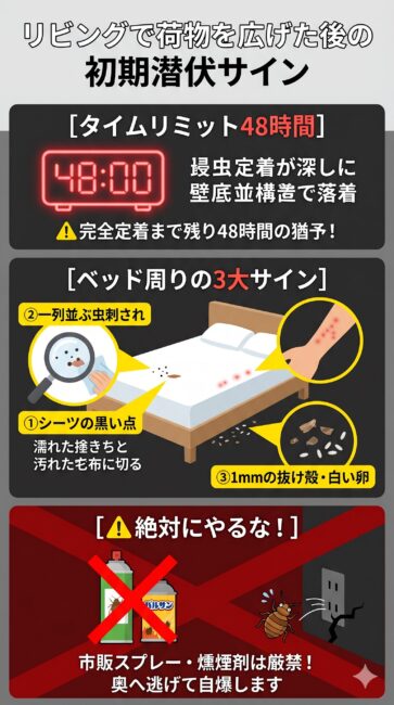 自宅リビングで旅行荷物を広げてしまった場合の、トコジラミ完全定着までのタイムリミット48時間の警告と、ベッド周りの3大初期潜伏サインの図解。中段では、1．シーツの四隅の黒い点（濡らすと赤茶色ににじむ血糞）、2．手足に一列や三角形に並ぶ赤い虫刺され跡、3．1mm以下の薄茶色の抜け殻や細長い白い卵、の3つの点検ポイントを解説。最下部では、見つけた際に市販の殺虫スプレーやバルサンを撒くと、スーパートコジラミが壁の奥やコンセント内部へ一斉に逃げ込んで逆効果になるNG行動（赤のバツマーク）を解説したインフォグラフィック。