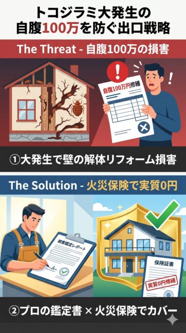 トコジラミを自宅に持ち帰って大発生させてしまった場合の、自腹100万円の損害リスクと、火災保険を活用して実質0円で解決する出口戦略の図解。左側では、壁の裏まで定着したトコジラミの繁殖により壁解体などの高額なリフォーム費用（自腹100万円）を請求されてパニックになる住人のイラスト。右側では、自分でいじらずにプロへ依頼して作成してもらう「被害鑑定レポート」と、加入している火災保険（家財の破損・汚損特約）を組み合わせることで、自己負担0円（実質0円修繕の太鼓判マーク）で家を守り抜く合法的な防衛ルートを対比して解説したインフォグラフ