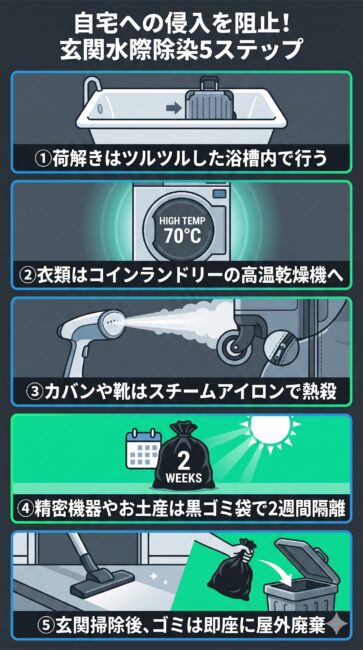 旅先から帰宅した際にトコジラミを自宅に入れないための「玄関水際除染5ステップ」の図解。1．ツルツルして這い上がれないお風呂の浴槽内で荷解きをする。2．衣類は玄関でゴミ袋に密閉し、コインランドリーの高温ガス乾燥機（70度以上）へ直行する。3．乾燥機にかけられないカバンや靴はスチームアイロンの熱で瞬殺する。4．熱に弱い精密機器やお土産はディートスプレーを吹き付けた紙と黒ゴミ袋に入れて2週間隔離する。5．玄関のたたきを掃除機がけし、吸い取ったゴミは即座に屋外のゴミ箱へ廃棄する、という一連の流れを解説したインフォグラフィック。