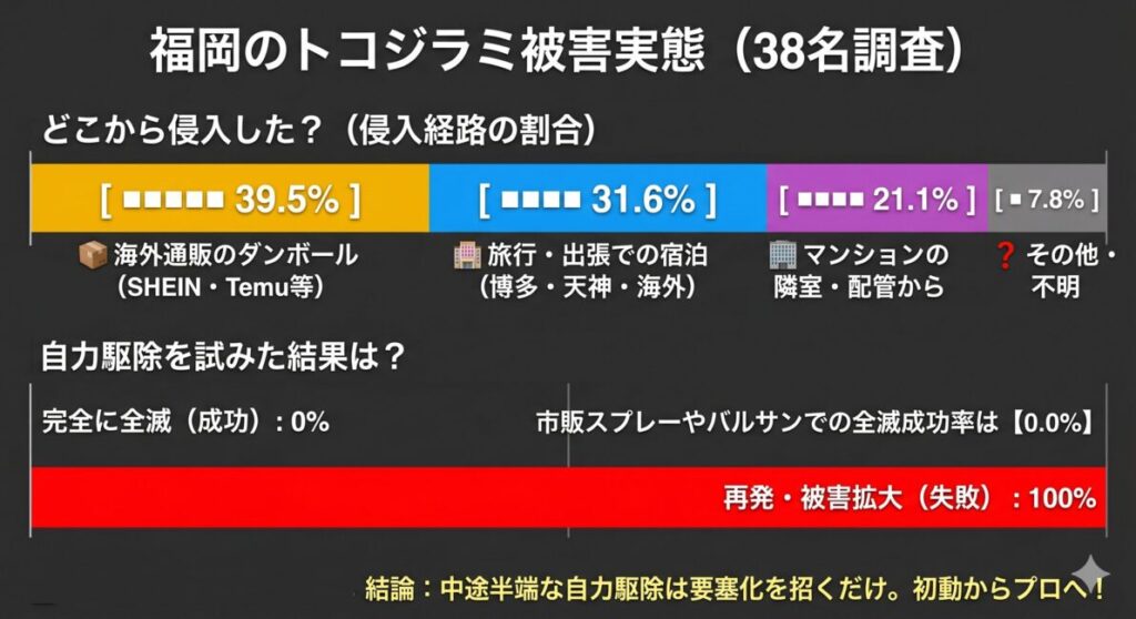 福岡のトコジラミ被害者38人のアンケート結果をまとめた横棒グラフ。侵入経路は海外通販ダンボールが39.5%、旅行・出張が31.6%と全体の約7割を占める。自力駆除の結果は、完全に全滅できた人が0%に対し、一時的な再発や被害拡大を招いた人が100%という失敗率100%の現実を可視化したインフォグラフィック