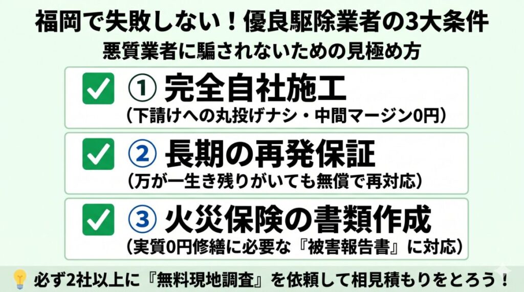 福岡でのトコジラミ駆除業者選びで失敗しないための3大条件をまとめた図解。下請け丸投げのない『完全自社施工』、万が一の再発に備えた『長期の再発保証』、自己負担を抑えるための『火災保険の書類作成対応』の3つのポイントと、複数社への無料現地調査・相見積もりを推奨するイラスト