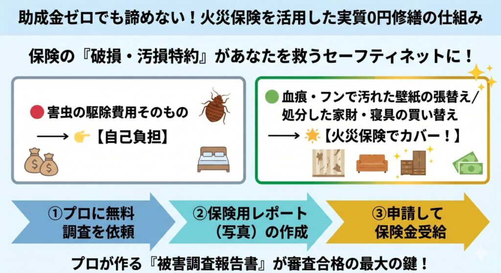 福岡のトコジラミ被害で火災保険を適用する仕組みと手順の図解。駆除自体は自己負担でも、フンや血痕で汚れた壁紙のリフォームやマットレス等の家財買い替え費用は『破損・汚損特約』でカバーできること、そしてプロによる被害調査報告書の作成から申請・受給に至る3ステップをわかりやすく解説したイラスト