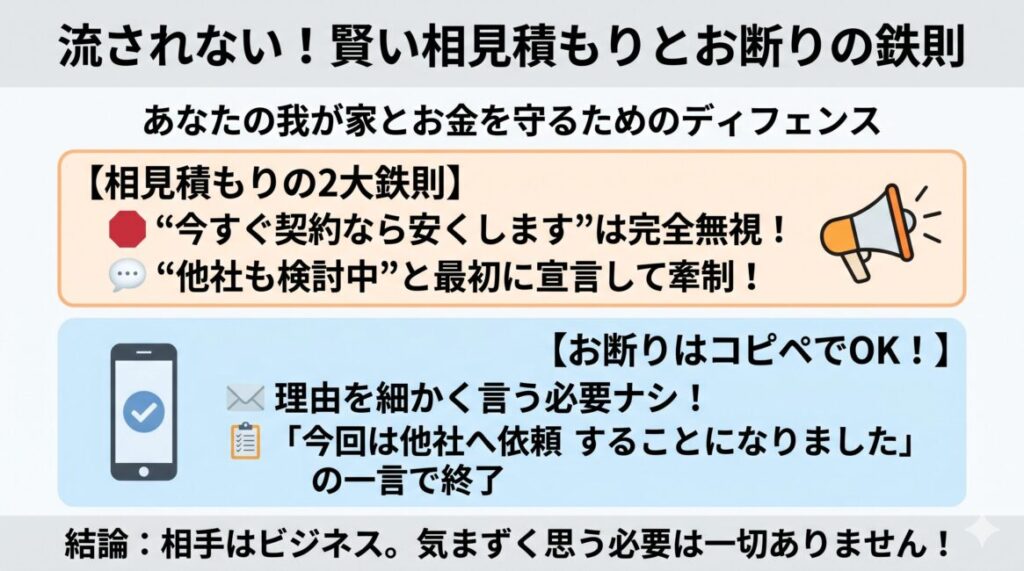 トコジラミ駆除の相見積もりとお断りのコツをまとめた図解。即決を迫る営業トークの拒否や、最初から他社とも検討中である旨を伝える相見積もりの鉄則と、理由は深く言わずにコピペテンプレートでスマートに断れば良いというポイントをスマホ向けに分かりやすく解説したイラスト