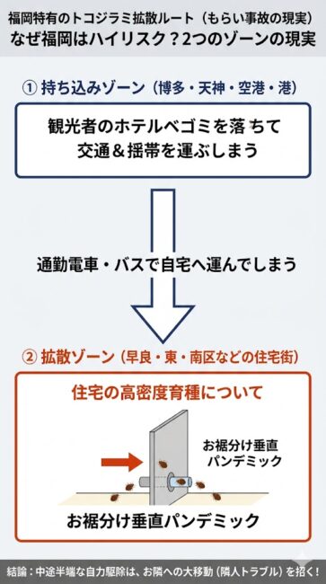 福岡におけるトコジラミの地域的拡散ルートを示した図解。博多港や福岡空港、博多・天神のホテルで荷物に付着したトコジラミが、通勤電車などを介して早良区・東区・南区などのベッドタウンへ持ち込まれる流れと、集合住宅の配管やコンセントの隙間からお隣へ被害が広がるお裾分け垂直パンデミックのリスクを解説したイラスト