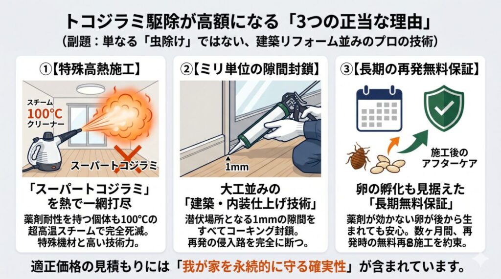 トコジラミ駆除費用が高額になる3つの正当な理由の図解。単なるスプレー散布ではなく、①薬剤が効かないスーパートコジラミを死滅させる100℃超の特殊高熱施工工賃、②巾木やサッシの1mmの隙間をプロが埋めるミリ単位の隙間封鎖（コーキング）の技術料、③施工後に孵化した卵の再発にも対応する長期無料保証の担保コスト、という大工のリフォーム工事並みの手間の価値を解説。