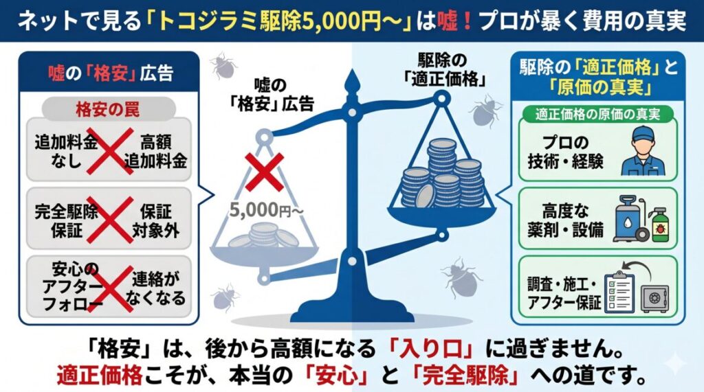 ネットの「トコジラミ駆除5000円〜」という格安広告の罠と適正価格の真実を比較した天秤のイラスト。追加料金・保証対象外・アフターフォローなしの格安の罠に対し、プロの技術・高度な薬剤・アフター保証が含まれる適正価格の原価を解説。格安は高額になる入り口であると警告。