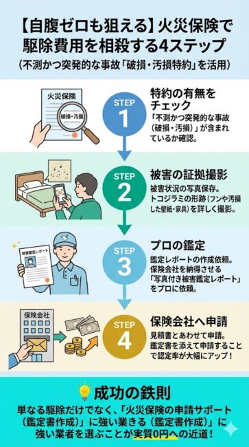 トコジラミ駆除費用を火災保険（破損・汚損特約）で相殺する4ステップの手順図解。STEP1：保険証券の破損・汚損特約の有無を確認、STEP2：フンや汚損された壁紙などの被害写真を撮影、STEP3：駆除業者に写真付き被害鑑定レポートの作成を依頼、STEP4：見積書と鑑定書を保険会社に申請、という流れを解説。火災保険申請サポートに強い業者を選ぶことが成功の鉄則であると強調。