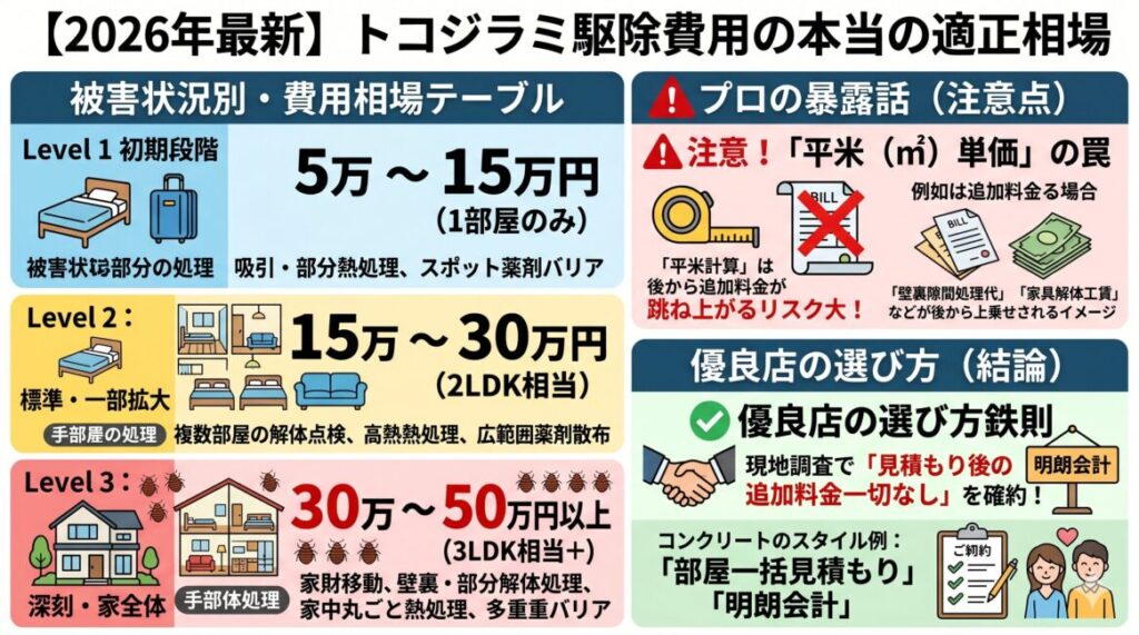 2026年最新のトコジラミ駆除費用相場の図解。被害状況を3段階（軽微・初期：5～15万円、標準・一部拡大：15～30万円、深刻・家全体：30～50万円以上）に分け、それぞれの間取り目安と施工内容を比較。平米単価の業者は追加料金の罠があるため避け、現地調査で「追加料金なし」を確約する明朗会計な優良店を選ぶべきであることを警告。特定の業者名やリンクはなし。