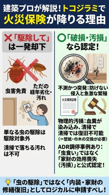 建築プロが解説する、トコジラミ駆除・修繕費用が火災保険の破損・汚損として認められる理由の図解。単なる害虫駆除や経年劣化としての申請は拒絶される一方、血糞による壁紙や巾木の物理的汚損は清掃での復旧が不可能なため修繕対象となるロジックを解説。虫食い免責を覆したADR公式調停の判例（家財の効用喪失）に基づき、駆除ではなく機能復旧として申請する重要性をスマホ向けにわかりやすくまとめたインフォグラフィック。