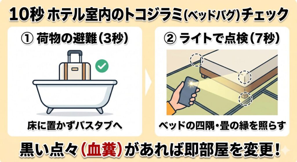 「ホテル客室に入って10秒でできるトコジラミ水際チェック術」の図解。ステップ1として最初の3秒で荷物をカーペットに直接置かず、トコジラミが登れないバスタブや荷物台へ避難させる動作を提示。ステップ2として続く7秒でスマホのライトを使い、潜伏しやすいベッドの四隅や畳の縁の隙間を照らして黒い点々（血糞）がないか点検する手順を分かりやすくまとめています。