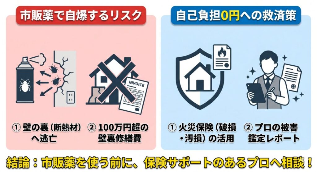 トコジラミを自宅に持ち帰った場合の壁裏修繕リスクと自己負担0円にする救済策」の解説図。左側には、市販の殺虫スプレーを使うことでトコジラミが壁の裏や断熱材内部へ逃げ込んでしまい、結果として100万円を超える大規模な壁裏修繕・リフォーム費用が全額自腹で発生するリスクを説明。右側には救済策として、火災保険の破損・汚損特約を活用し、プロの被害鑑定レポートを添えて申請することで実質自己負担0円で原状回復できる仕組みを対比して示しています。