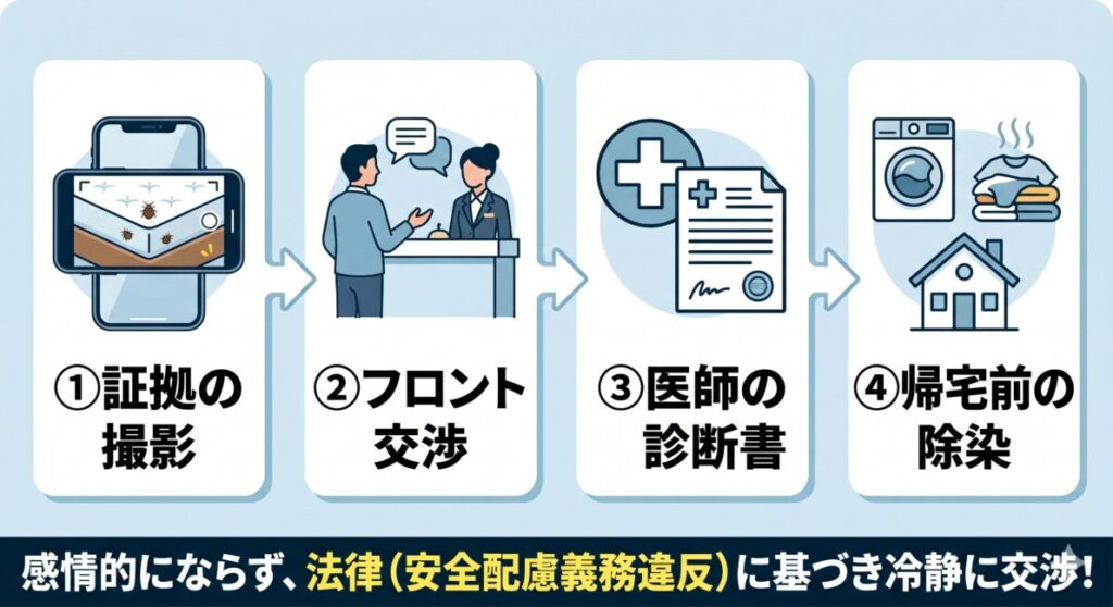 「ホテルでトコジラミ被害に遭った際の損害賠償・返金交渉4ステップ」を解説した図。ステップ1：スマホによる生体や血糞の証拠撮影、ステップ2：フロントへ安全配慮義務違反を伝える冷静な交渉、ステップ3：皮膚科を受診し医師の診断書を取得、ステップ4：自宅への持ち帰りを防ぐ帰宅前の水際除染、という4つの手順をロードマップ形式で分かりやすくまとめています。下部には法律に基づき冷静に交渉するポイントも記載しています。