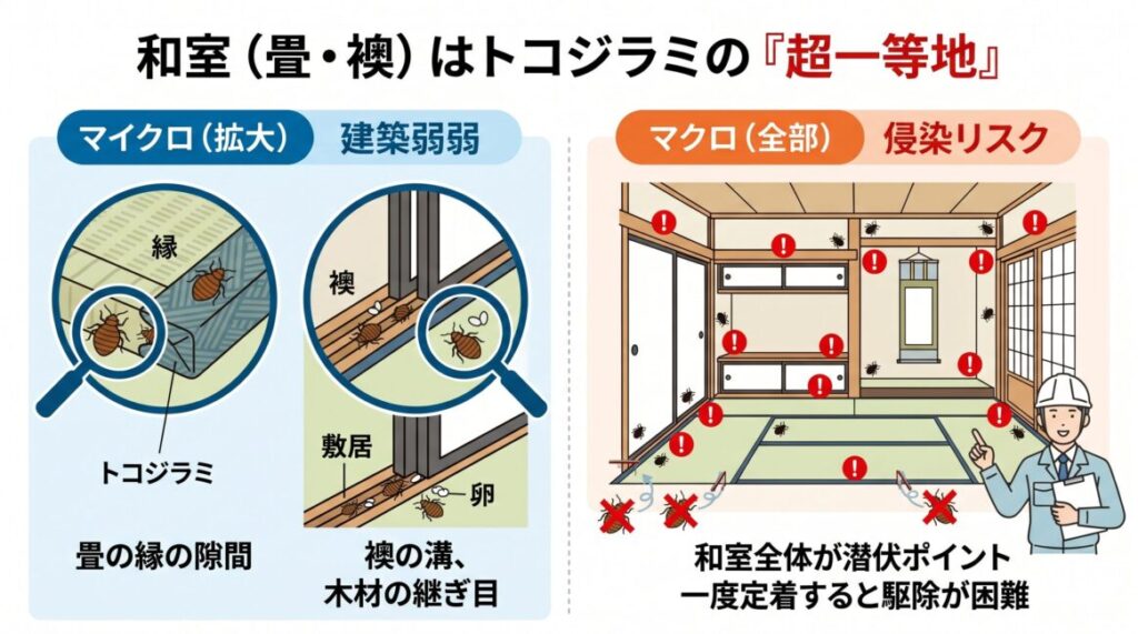 和室（畳・襖・鴨居）がトコジラミの「超一等地」である理由を解説する図解イラスト。畳の縁の隙間、襖の溝、木材の継ぎ目など、具体的な建築的弱点と、一度定着すると駆除が困難になるリスクを示しています。