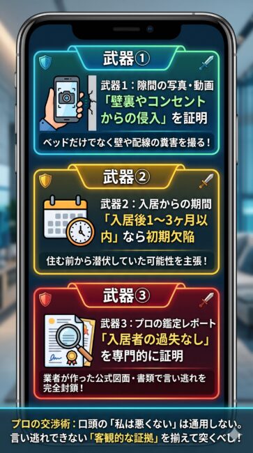 トコジラミの駆除費用を巡り、管理会社の自己負担主張を論破するための3つの武器を解説した図解。1つ目の武器は『発生箇所の写真・動画』で、ベッドだけでなくコンセントや壁の隙間の糞害を記録し、壁裏や配管ルートからのもらい事故であることを証明。2つ目の武器は『入居からの期間』で、入居後1から3ヶ月以内の発生であれば入居前の初期欠陥とみなされる点を説明。3つ目の武器は『プロの鑑定レポート』で、専門業者が作成した侵入経路特定診断書によって入居者の過失がないことを客観的に証明。これら3つの証拠を揃えることで交渉の主導権を握れる仕組みを説明している図解。