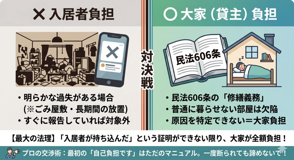 賃貸アパート・マンションでトコジラミが発生した際の費用負担のルールを解説した比較図解。左側は入居者負担になる例外として、ごみ屋敷や発生の長期放置といった明らかな過失（善管注意義務違反）がある場合をグレーで記載。右側は大家（貸主）負担の原則として、民法606条1項の修繕義務に基づき、通常の使用ができない欠陥状態を直す義務は大家にあることを緑色で記載。中央には、トコジラミの侵入ルートは科学的に特定不可能なため、大家側が入居者の過失を100パーセント立証できない限り大家が全額負担すべきという勝負の分かれ目の法理を強調して説明している図解。