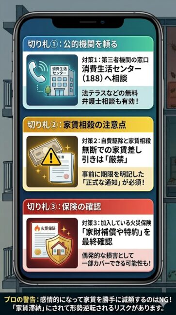 大家や管理会社とのトコジラミ駆除費用交渉が決裂した場合の3つの最終手段を解説した図解。1つ目は消費生活センター（188番）や法テラスなどの第三者機関へ相談し外圧を利用する方法。2つ目は自分で業者を呼んで費用を家賃から差し引く方法だが、無断で行うと家賃滞納とみなされるリスクがあるため事前に正式な催告通知が必要であるという注意点を警告。3つ目は加入している火災保険の約款を見直し、偶発的な損害として家財補償や特約が使えないか確認する方法。最下部には勝手な家賃減額による滞納リスクへの大工プロの警告を記載。