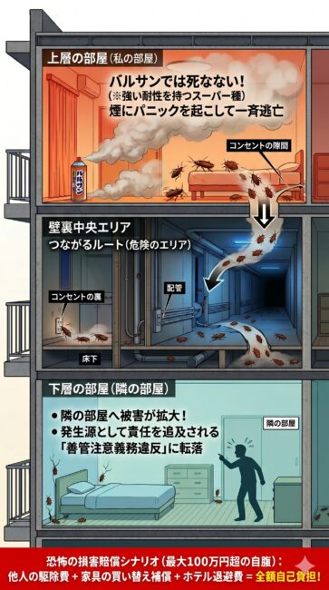 無断でバルサンを焚いたことで発生するトコジラミの隣室逃亡と高額な損害賠償リスクを解説したマンション断面図の図解。上の部屋でバルサンを焚いた結果、薬剤に耐性を持つスーパートコジラミが死なずにパニックを起こし、コンセントや配管などの壁裏の隙間を通って下の部屋（隣室）へ一斉に逃げていく仕組みを表現。自己判断の不適切な駆除でマンション全体に被害を拡大させた場合、善管注意義務違反となり、他人の部屋の駆除費用や家具の買い替え補償、ホテル退避費用など、総額100万円を超える損害賠償を全額自腹で背負うリスクを警告している図解。
