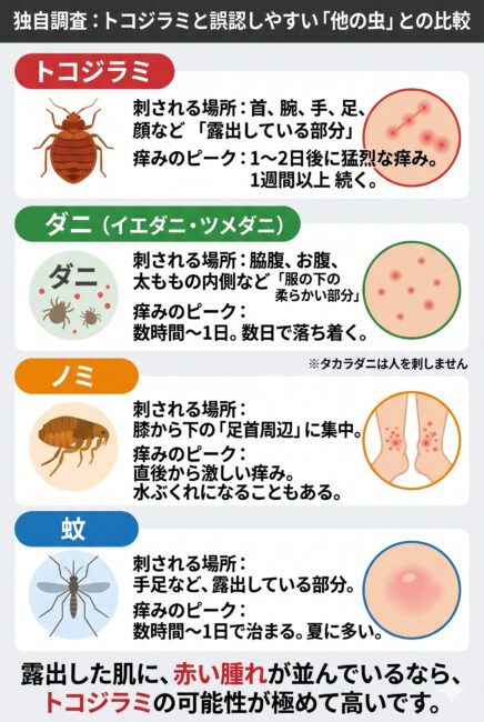 トコジラミ、ダニ、ノミ、蚊の刺され跡と特徴を比較した図解インフォグラフィック。トコジラミの一直線の並び方や露出した場所の特徴を強調。