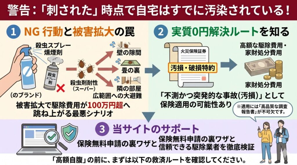 トコジラミの市販薬剤による被害拡大のリスクと火災保険活用による実質0円解決ルートを比較した図解インフォグラフィック。上段では燻煙剤や殺虫スプレーにより耐性を持つスーパートコジラミが壁の隙間や奥深くへ逃げ込み、被害が家全体に広がって駆除費用が高額になるNG行動を警告。下段では火災保険の汚損・破損特約を活用し、「不測かつ突発的な事故（汚損）」として駆除や家財処分費用が適用される実質0円解決ルートを紹介。保険適用に必要な高品質な調査報告書の重要性も記載。特定の業者名は入れず、スマホで見やすい文字量と構成。